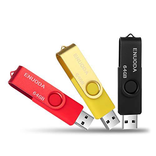ENUODA 64GB USB 플래시드라이브 3 팩 USB 2.0 64GB 썸 드라이브 백업 메모리 스틱 스위블 점프 드라이브 스토리지 USB 스틱 64GB 키체인,키링,열쇠고리 디자인 (3 컬러: 레드 Yellow 블랙 )