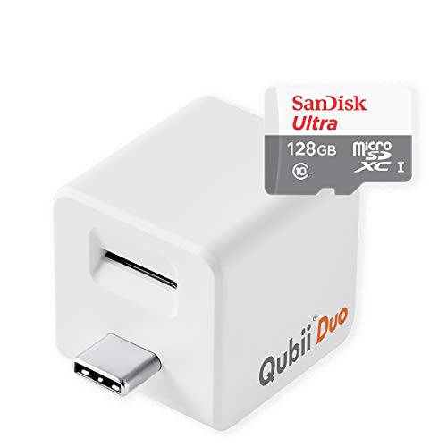 Qubii Duo USB-C 포토 스토리지 디바이스  아이폰&  안드로이드 Type-C 폰, 오토 백업 포토&  비디오 [128GB 화이트]
