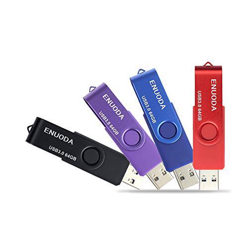 64GB USB 3.0 플래시드라이브 4 팩 ENUODA 64GB 썸 드라이브 메모리 스틱 스위블 점프 드라이브 스토리지 USB 스틱 키체인,키링,열쇠고리 디자인 (4 컬러: 블랙 블루 퍼플 레드 )