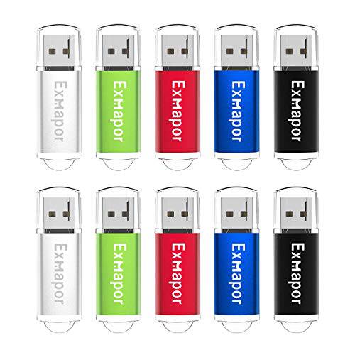Exmapor 벌크, 대용량 USB 플래시드라이브 32GB 10 팩 USB 드라이브 캡 디자인 메모리 스틱 Key-Chain USB 스틱 LED Indicator(5 혼합 컬러: 실버, 그린, 레드, 블루, 블랙)