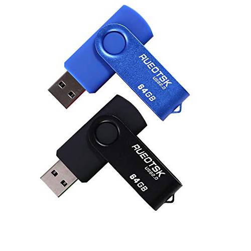 RUEOTSK USB 플래시드라이브 2 팩 64GB 회전가능 USB 2.0 펜 드라이브 플래시 메모리 드라이브 (블루 블랙)