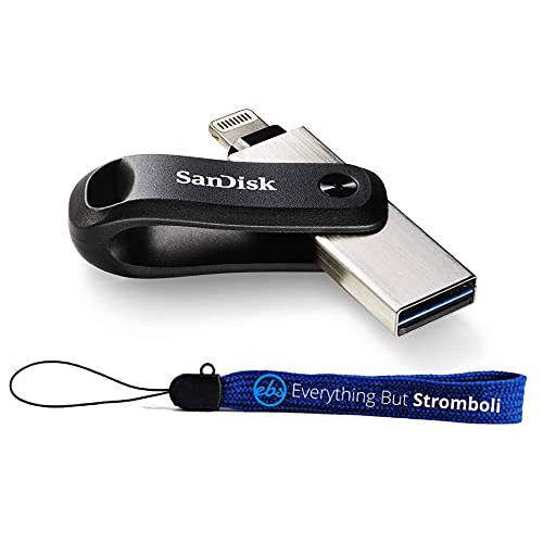 SanDisk 256GB iXpand 플래시드라이브 고 아이폰, 아이패드, 컴퓨터,  노트북 - USB 3.0 듀얼 드라이브 양면 라이트닝/ TypeA 커넥터 SDIX60N-256G-GN6NE 번들,묶음 1 Everything But 스트롬볼리 스트랩