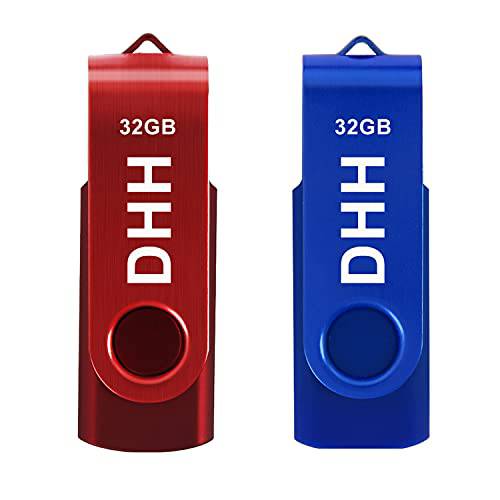 DHH USB 플래시 드라이브 스틱 2.0 썸 드라이브 펜 드라이브 스위블 메모리 스틱,막대 (32GB x 2 PCS 레드 블루)