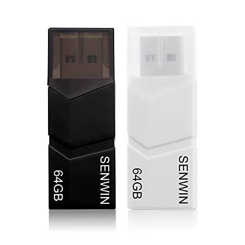 SENWIM 64GB USB 2.0 플래시 드라이브 메모리 스틱 썸 드라이브 점프 드라이브 2 팩, (화이트, 블랙)