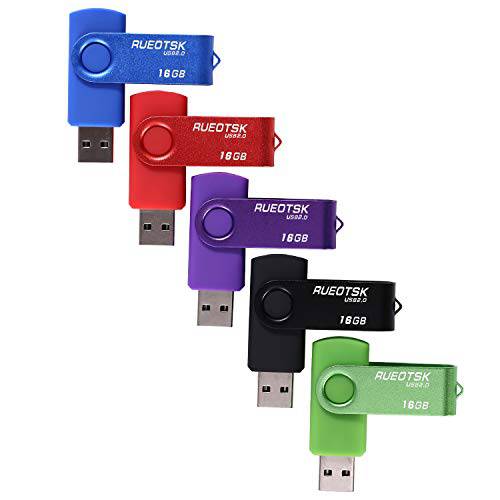 RUEOTSK USB 플래시드라이브 5 팩 16GB 회전가능 USB 2.0 펜 드라이브 플래시 메모리 드라이브 (블루 레드 퍼플 그린 블랙)