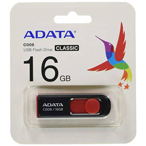 A-DATA 테크놀로지 C008 16GB USB 2.0 개폐식 캡리스 플래시드라이브, 블랙/ 레드 (AC008-16G-RKD)