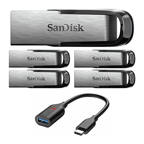 SanDisk 32GB 울트라 Flair USB 3.0 플래시드라이브 (5-Pack) USB-C to USB-A 어댑터 번들,묶음 (6 아이템)