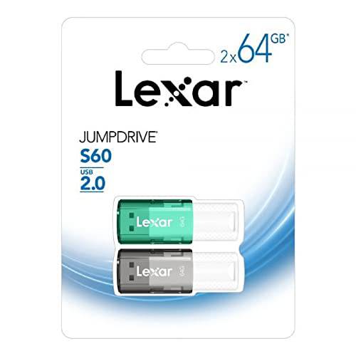 Lexar® 점프드라이브® S60 USB 2.0 플래시 드라이브, 64GB, 블랙/ 청록색, 팩 of 2 플래시 드라이브, LJDS60-64GB2NNU