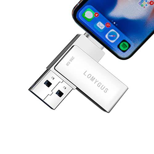 USB 플래시드라이브 256GB 폰 메모리 스틱, Photo-Stick 패드 LOMYGUS USB 드라이브 USB-C/ Micor 어댑터 호환가능한 iOS 안드로이드 폰 and 윈도우 Computer(256GB, 그레이)