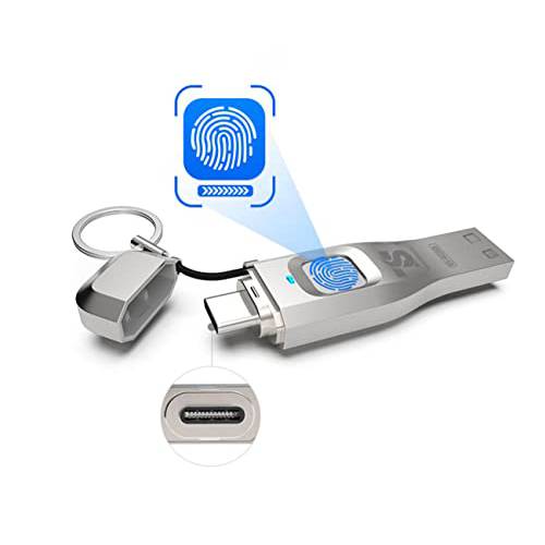 지문인식 USB3.0 플래시드라이브 Encrypted 64G 메모리 스틱 펜 Zip 드라이브 세큐리티 프로텍트 2-in-1 썸 드라이브 PC 스마트폰 노트북. (실버)