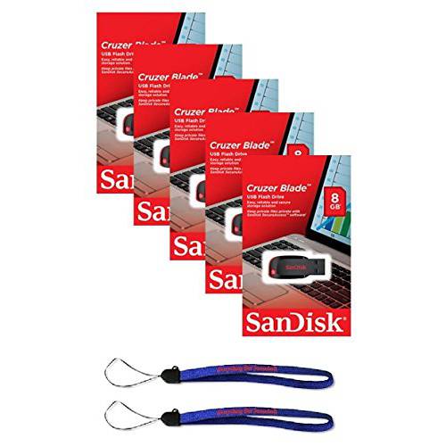 SanDisk Cruzer 블레이드 8GB (5 팩) SDCZ50-008G USB 2.0 플래시드라이브 - Five 팩 리테일 팩 번들,묶음 with(2) Everything But 스트롬볼리 끈