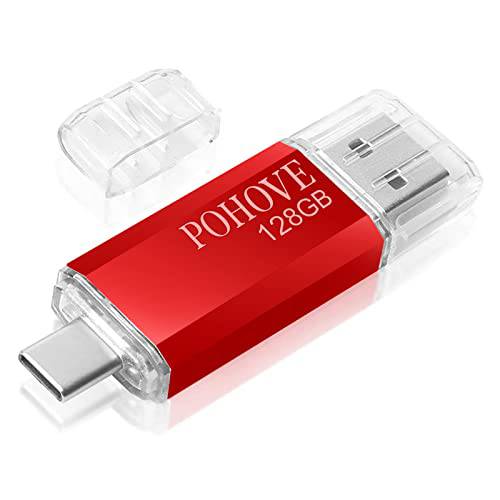 POHOVE USB C 메모리 스틱 128GB 타입 C USB 플래시드라이브 128 GB 2-in-1 OTG Pendrive 128GB USB 키 호환가능한 삼성 화웨이 Oneplus 안드로이드 스마트폰 맥북 PC 태블릿 (레드)