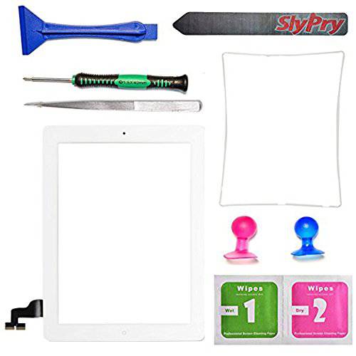 SlyPry  화이트 아이패드 2 디지타이저 터치 스크린 전면 글래스 조립품 - Includes 홈 버튼+  카메라 홀더+  프레임 베젤+ Preinstalled 접착제+  클리닝 Kit with Slypry 프리미엄 툴 Kit