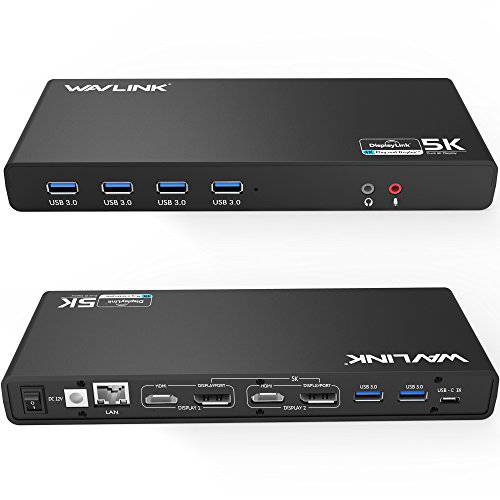 Wavlink USB 3.0 범용 노트북 탈부착 스테이션, USB C to 5K/ 듀얼 4K @60Hz 비디오 출력 듀얼 모니터 for 윈도우, (2 HDMI& 2 DP, 기가비트 랜포트, 6 USB 3.0, ) DL6950-PD 기능 Not 지원