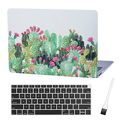 맥북 에어 13 Inch 노트북 케이스 A1932 Floral Cactus 노트북 하드 쉘 커버 슬리브 매트,무광 고무 (2020 2019 2018 출시, 터치 ID) with 실리콘 키보드 커버 and Dust 브러쉬 ( Cactus - 그레이)