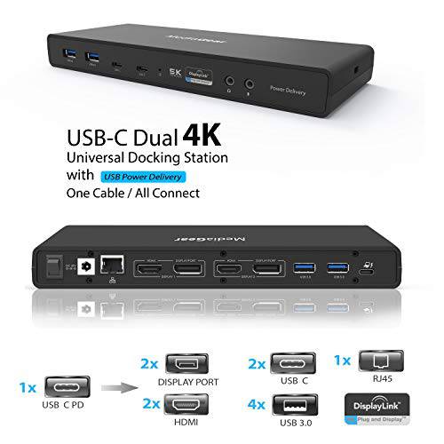 USB C 듀얼 4K 도크 w/ 100W 파워 어댑터: 싱글 5K@60Hz, 듀얼 디스플레이 4K@60Hz, 2 HDMI, 2 DisplayPort,DP, 4 USB A 3.0, 2 타입 C, 랜포트, 오디오 마이크 Jack for 맥 OS&  윈도우 PC (썬더볼트 3 호환가능한)