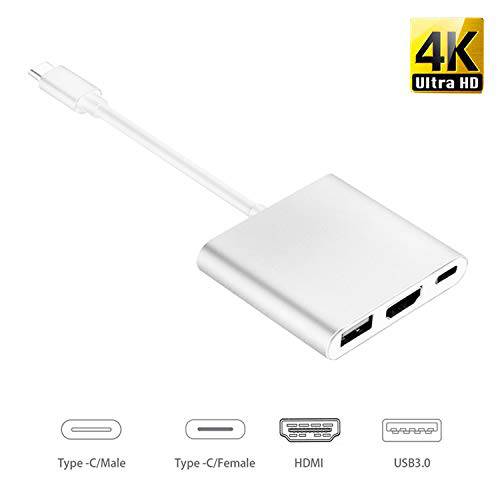 3 in 1 USB C 허브, USB 타입 C 탈부착 스테이션 Extend to USB3.0/ 4K HDMI USB C 컨버터, 변환기 지지,보호 PD 충전 호환가능한 for 맥북 프로, 맥북, iMac, 아이패드 프로, 델 XPS, ASUS, 알루미늄 Alloy, 실버