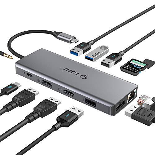 USB C 허브, 	업그레이드된 TOTU 13 in 1 타입 C 허브 동글 어댑터 (4K 듀얼 HDMI& DP, 75W PD), Triple 디스플레이 탈부착 스테이션 for 윈도우& 맥북 프로 USB C Systems, macOS only 지지,보호 미러 디스플레이