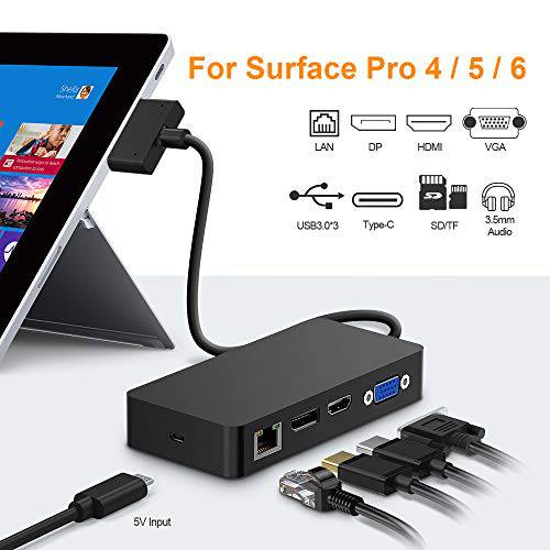 서피스 프로 도크 for 서피스 프로 4/ 프로 5/ 프로 6 USB 허브 탈부착 스테이션 with 기가비트 랜포트 Port, 4K HDMI VGA DP 디스플레이 Port, 3xUSB 3.0 Ports, 오디오 Out Port, USB C Port, SD/ TF(Micro SD) 카드 리더,리더기