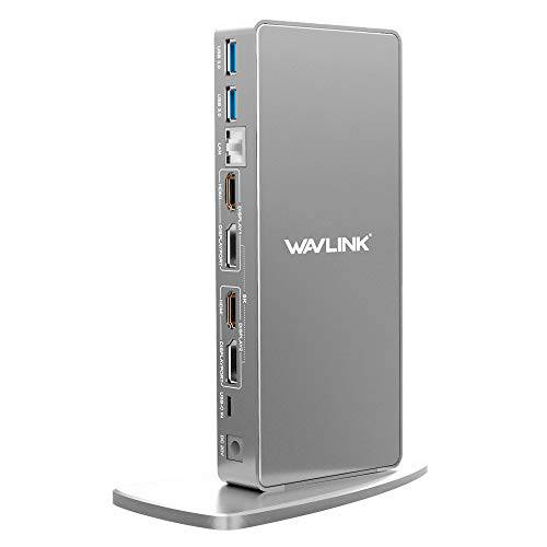 WAVLINK  듀얼 4K USB C 범용 노트북 탈부착 스테이션,  듀얼 4K@60Hz&  싱글 5K@60Hz 디스플레이, 2xHDMI&  디스플레이 Port, 6 USB 3.0, 기가비트 랜포트, 오디오 for 윈도우, 맥 OS& Chrome OS&  안드로이드 5.0 Later