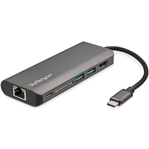 StarTech .com USB C 멀티포트 어댑터 - USB-C 여행용 도크 to 4K HDMI, 3x USB 3.0 허브, SD/ SDHC, GbE, 60W PD 3.0 Pass-Through - 휴대용 USB-C 미니 탈부착 스테이션 USB Type-C/ 썬더볼트 3 (DKT30CSDHPD3), 스페이스 그레이