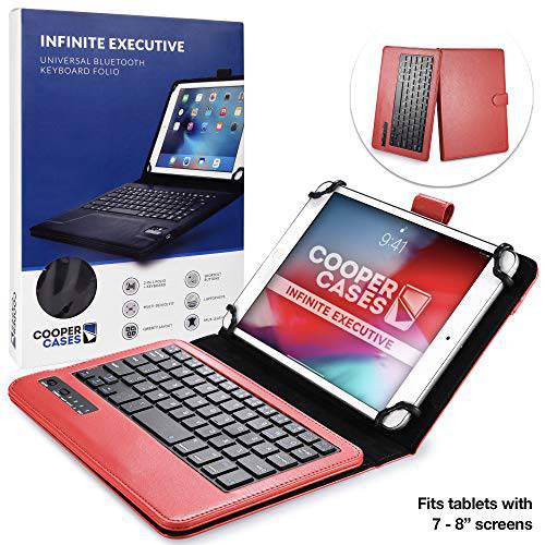 Cooper Infinite Executive 키보드 케이스 for 7-8 inch 태블릿 | 범용 호환 | 2-in-1 블루투스 무선 키보드&  가죽 폴리오 커버 (레드)