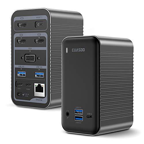 EUASOO  탈부착 스테이션 USB-C 4K Quadruple 디스플레이 범용 노트북 탈부착 스테이션 for 맥북 and 윈도우 (3 HDMI, VGA, 기가비트 랜포트, USB-C 3.0, 87W PD and 4 USB Ports), Triple 디스플레이 for macOS