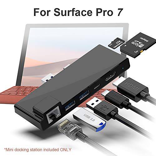미니 탈부착 스테이션 for 서피스 프로 7, 기가비트 랜포트 RJ45 Port - 2 x USB 3.0-4K HDMI - USB Type-C(60W PD) - R/ W SD/ Micro SD 메모리 카드 리더,리더기 for 서피스 프로 7