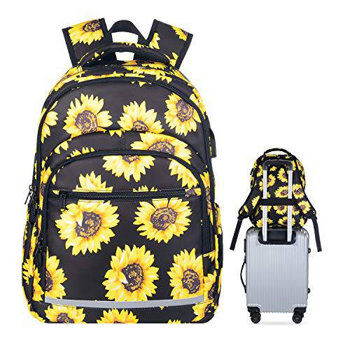 여행용 노트북 백팩, 듀러블 방수 Sunflower 대학 School 백팩 with USB 충전 Port 여성용 Girl 캐쥬얼 데이팩 비지니스 컴퓨터 백 Fits 15 Inch 노트북