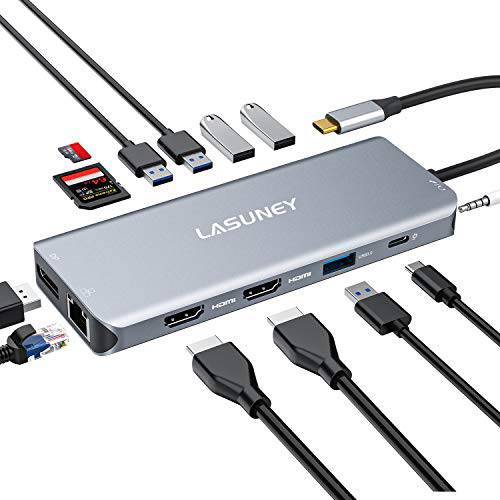 Lasuney Triple 디스플레이 13 in 1 USB C 허브 with 2 HDMI& DP, PD3.0, 랜포트, SD TF 카드 리더,리더기, 5 USB Port, 마이크/ 오디오, 타입 C 어댑터 탈부착 스테이션 호환가능한 for 맥북 에어 프로 아이패드 and More