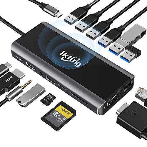 USB C 허브, 15-in-1 USB C 탈부착 스테이션 to HDMI, VGA, 무선 충전, 기가비트 이더넷, 3 USB 3.0, SD/ TF 카드 리더, 리더기, USB C to 3.5mm, USB C 도크 맥북 프로 and 타입 C 디바이스 (썬더볼트 3)