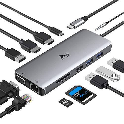 USB C 탈부착 스테이션 듀얼 모니터, 12-in-1 Triple 디스플레이 USB C 어댑터 for 윈도우 with 듀얼 4K HDMI, VGA, 기가비트 랜포트, 2 USB 3.0, 2 USB 2.0, 87W PD, SD/ TF 카드 리더,리더기, Aux, for Type-C 노트북