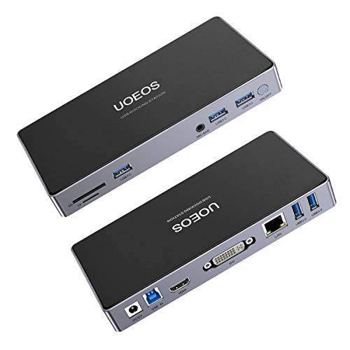 uoeos USB 노트북 탈부착 스테이션, USB 3.0 범용 탈부착 스테이션 듀얼 모니터 for 윈도우, Chrome OS, 맥 OS (5 USB 3.0, 듀얼 비디오 HDMI and DVI, SD TF 카드 리더,리더기, 기가비트 랜포트, 오디오& 마이크)