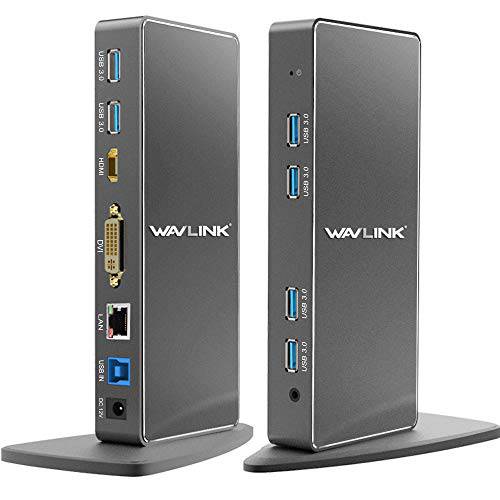WAVLINK USB 3.0 범용 탈부착 스테이션, 듀얼 모니터 디스플레이 HDMI& DVI/ VGA, 기가비트 이더넷, 오디오 마이크 인터페이스, 6 USB 3.0 포트 노트북, 태블릿, 울트라북, More Efficient 홈 사무실,오피스