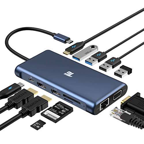 USB C 허브, USB C 어댑터, Tiergrade 12 in 1 트리플 디스플레이 어댑터 듀얼 4K HDMI, VGA, 100W PD 3.0, RJ45 이더넷, USB-A USB-C 포트, TF/ SD 카드 리더, 리더기 맥북 and Type-C 노트북