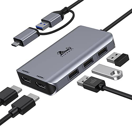 USB 3.0/ USB-C to 듀얼 HDMI Multi-Monitor 어댑터, 범용 HDMI 분배기 Extend 디스플레이 호환가능한 M1 맥북 프로/ 에어, 서피스 프로/ 고, 크롬북, Dell, ASUS, HP, 레노버 씽크패드/ 요가, etc