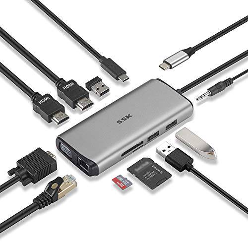 SSK USB C 탈부착 스테이션, 11 in 1 트리플 디스플레이 USB 도크 듀얼 모니터 of HDMI, VGA, 멀티포트 어댑터 이더넷, PD3.0, SD TF 카드 리더, 리더기, 3USBs 맥북 프로/ Air(Thunderbolt 3) Typc C 노트북
