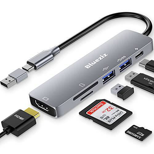 USB C 허브, 6 in 1 USB C 노트북 탈부착 스테이션 4K HDMI, 2 USB 3.0, 87W PD 충전기, SD/ 마이크로 SD 카드 리더, 리더기, and USB C to A 어댑터 호환가능한 맥북 프로/ 에어, 서피스 프로 and More (그레이)