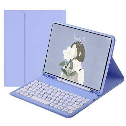 아이패드 에어 4th 세대 10.9 인치 키보드 케이스 귀여운 라운드 키 컬러 키보드 무선 탈착식 블루투스 키보드 커버 펜슬 홀더 아이패드 에어 4 (iPadAir4, 퍼플)