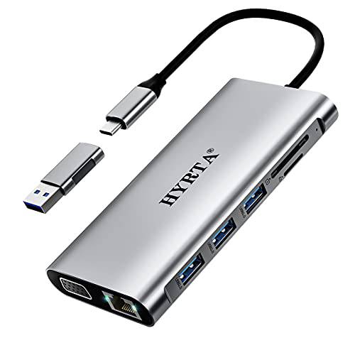 USB 탈부착 스테이션, HYRTA USB C to USB 3.0 허브 12 포트,  트리플 디스플레이 USB C 허브 듀얼 HDMI, VGA 어댑터, 타입 C to USB 3.0 탈부착 스테이션 호환가능한 M1 맥북 프로, XPS, USB 3.0 도크