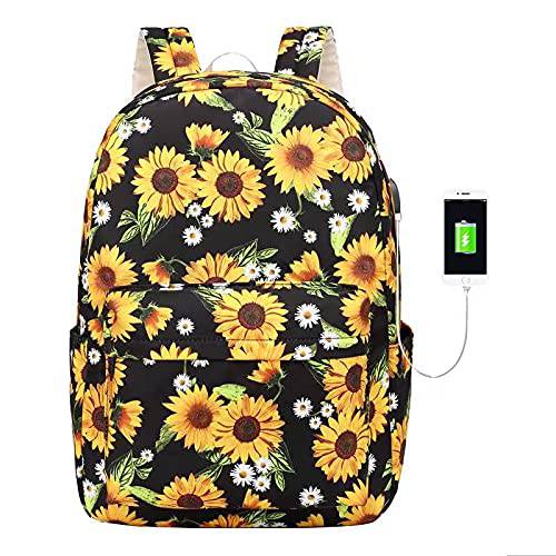 해바라기 캔버스 백팩 대학 걸스 여성 USB 충전 포트, 14 노트북 백팩 캐쥬얼 데이팩 학교 책가방