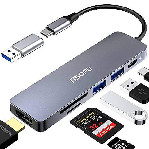 TISOFU USB C 허브, 탈부착 스테이션 4K HDMI USB3.0 SD/ TF 카드 리더, 리더기 100W PD，6 in 1 USB C to HDMI 멀티포트 어댑터 호환가능한 맥북 프로, USB C 노트북 닌텐도, 타입 C Devices(Gray)