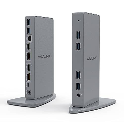 WAVLINK USB 탈부착 스테이션, 5K HD 범용 USB C 도크 듀얼 4K 다양한 비디오 디스플레이 도크, 알루미늄 디자인, 지원 윈도우 7/ 8/ 8.1/ 10& Mac ( 2HDMI, 2DP 포트, 기가비트 이더넷, 오디오, 마이크)
