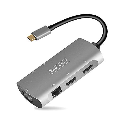 YCBUENO USB C 탈부착 스테이션, 7-in-1 USB C 허브 어댑터 듀얼 4K HDMI MST/ 1080P VGA/ 100W PD 충전/ USB2.0/ 오디오/ 랜 (RJ45 이더넷), Type-C 허브 맥북 프로, 아이패드 프로, and More 타입 C 디바이스