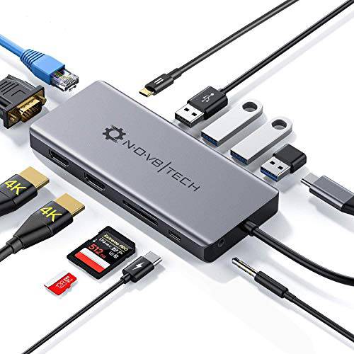 USB C 허브 to 듀얼 HDMI VGA 트리플 디스플레이 스크린 멀티포트 어댑터 13-in-1 동글 기가비트 이더넷 맥북 M1 프로 에어& USB C 노트북, USB C 100W PD&  데이터, 오디오, SD/ 마이크로 SD 리더, 리더기, 3X USB 3.0