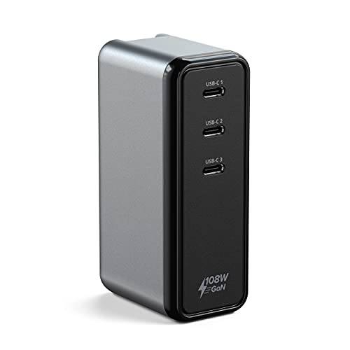 Satechi 108W USB-C 3-Port GaN 벽면 충전기  3-in-1 GaN 충전  호환가능한 2020/ 2019 맥북 프로, 2020 맥북 에어 M1, 2021 아이패드 프로 M1, 아이폰 12 프로 맥스/ 12 프로/ 12 미니/ 12