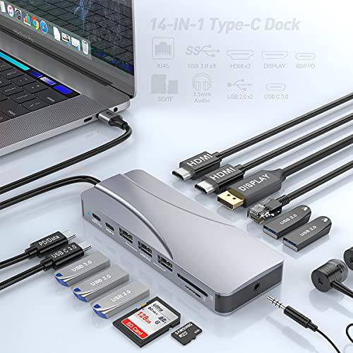 네배로 디스플레이 USB C 탈부착 스테이션 (2HDMI+ DP), 14 in 1 USB C 허브 호환가능한 맥OS& 윈도우, USB C Dock(24KHDMI, DP, PD3.0, USB-C, 이더넷, 오디오, SD/ TF 카드 리더, 리더기, 5USB 포트)