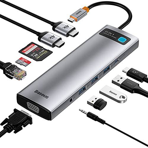 USB C 허브, Baseus 11 in 1 탈부착 스테이션 USB C 어댑터 2 HDMI, VGA, 3 USB 3.0, TF/ SD 리더, 리더기, 이더넷, 2 in 1 마이크 맥북 프로, 서피스 프로, 아이패드 프로 and Other 타입 C 디바이스