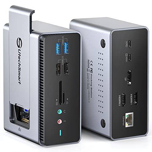 탈부착 스테이션, UtechSmart 15 in 1 풀 네배로 디스플레이 USB C 탈부착 스테이션, 호환가능한 맥OS& 윈도우, 썬더볼트 3 도크 SSD 인클로저 (2HDMI, DP, PD3.0, SD/ TF, RJ45, 오디오& 마이크로, USB 포트)