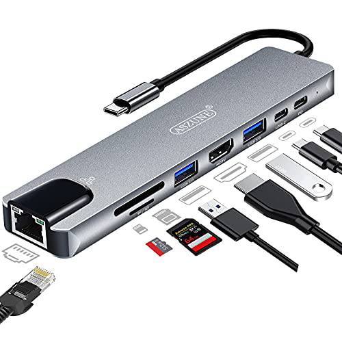 USB C 어댑터, 업그레이드된 ASZUNE 8 in 1 USB C 허브 to HDMI 멀티포트 어댑터 이더넷 노트북 탈부착 스테이션 HP DELL 맥북 HDMI 3.0 USB PD TF/ SD 카드 리더, 리더기 RJ45